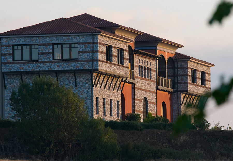 on side of 'Oenogenesis Estate' stone building with trees and plants in the front